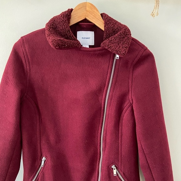 Old Navy Long Lined Brushed Fleece Burgundy Sherpa Collar Moto Jacket - Picture 5 of 5